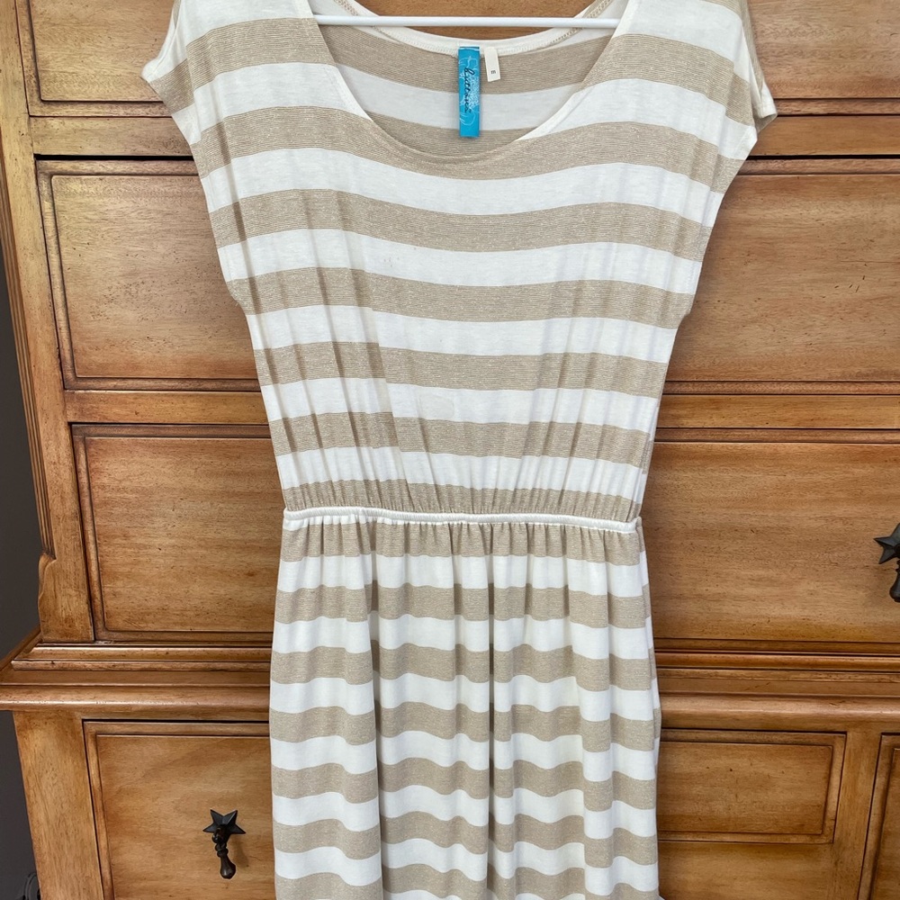 Francseca’s buttons brand Gold and White Striped Dress, Size Medium